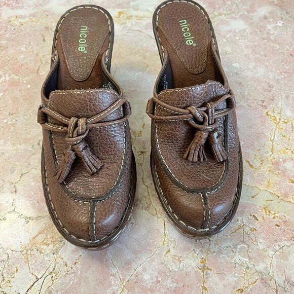 Nicole Brown Leather Loafer Slip On Clog Mules 90s Academia Vintage Tassel 6.5 - Picture 5 of 11